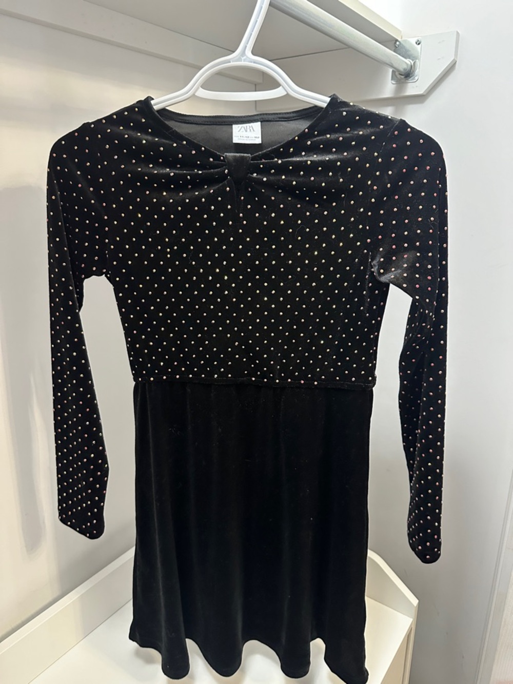 Zara Black Velvet Long-Sleeve Dress with Gold Dot Accents